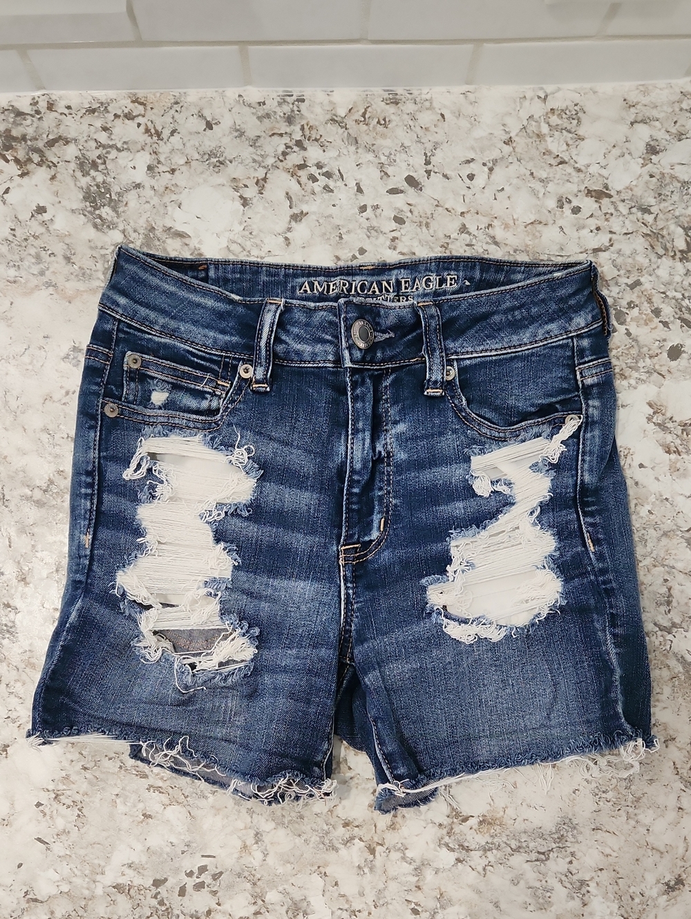 American Eagle Hi-Rise Shortie Denim Shorts Size 4 27W Distressed Stretch Cutoff